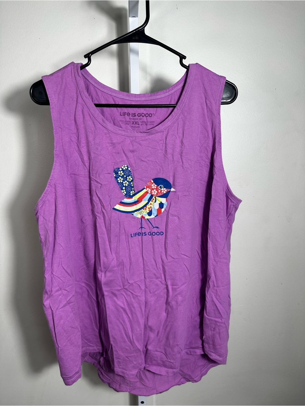 N141. Life Is Good Purple Tank Top with Colorful Bird Graphic